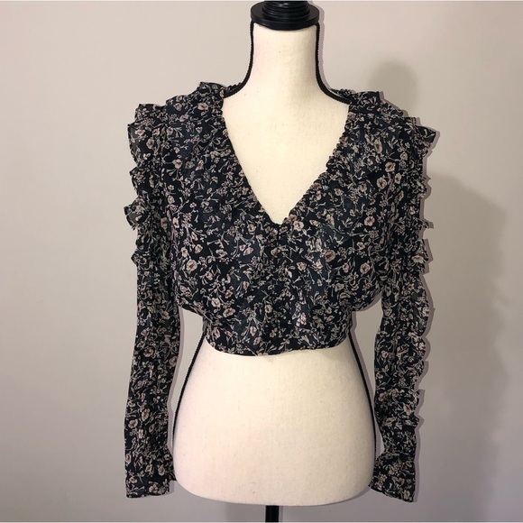 Pookie & Sebastian Black Floral Cropped Top Long Sleeve Zip Back Size Small - Picture 10 of 10
